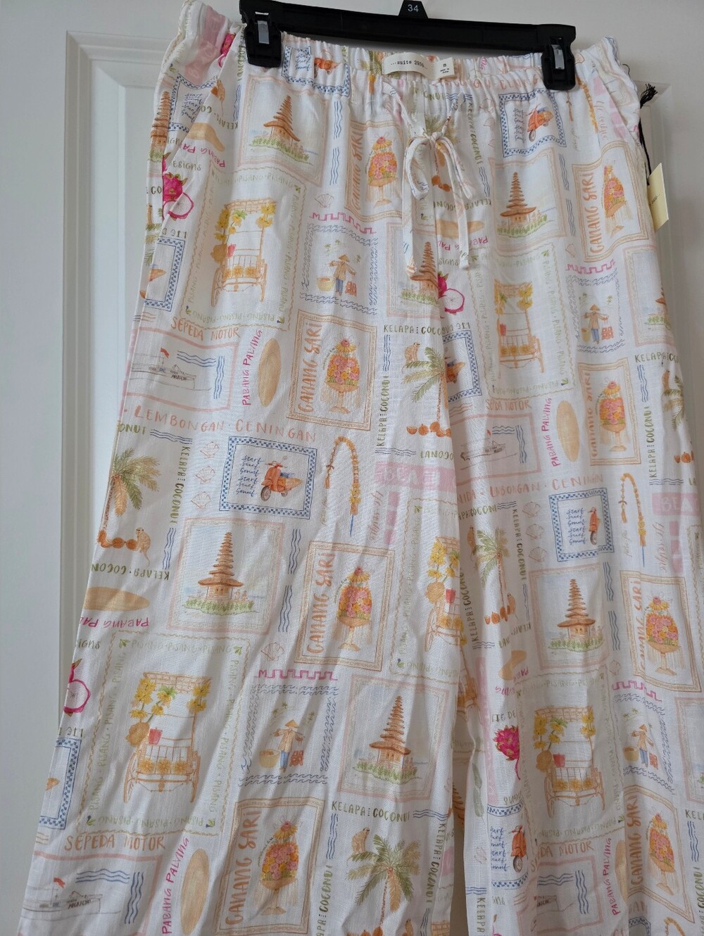 Linen Blend Vacay Tropical World Travel Wide Leg Pants Womens M Suite 2393 Nwt